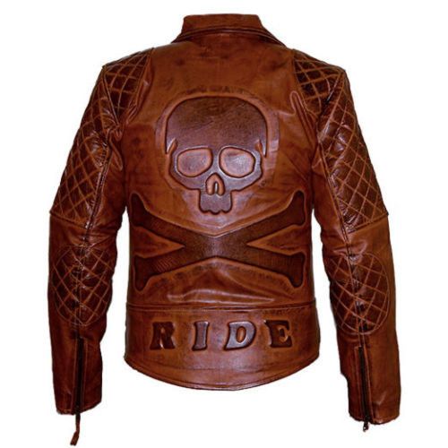 Skull Embossed Classic Diamond Biker Brown Genuine Leather Jacket - Feather skin - Modalova