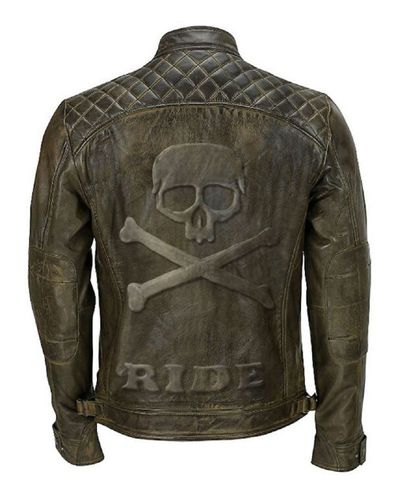 Skull Embossed Classic Diamond Biker Khaki Genuine Leather Jacket - Feather skin - Modalova