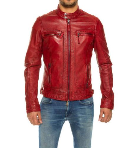 Men's Biker Leather Jacket Red Waxed - Feather skin - Modalova