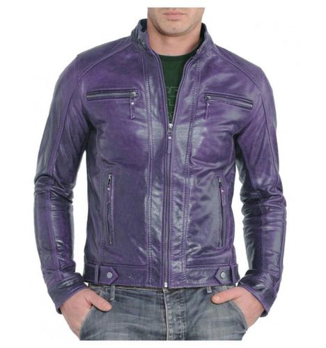 Men's Biker Style Motorbike Purple Genuine Leather Jacket BK002 - Feather skin - Modalova