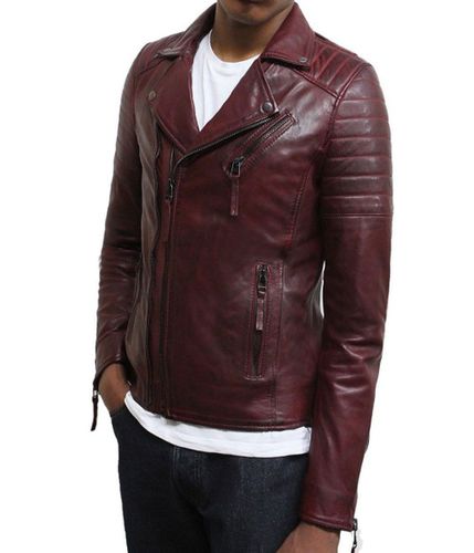 Men's Biker Style Motorbike Maroon Genuine Leather Jacket BK001 - Feather skin - Modalova