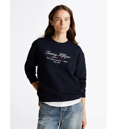 Til kvinder. WW0WW43574 Crewneck-sweatshirt med navy Script-logo (L), Casual, Økologisk bomuld, Blå - Tommy Hilfiger - Modalova