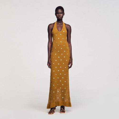 Robe longue en maille à pampilles - Sandro Paris - Modalova