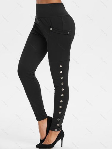 Women High Waisted Pocket Snap Button Side Leggings Clothing M - DressLily.com - Modalova
