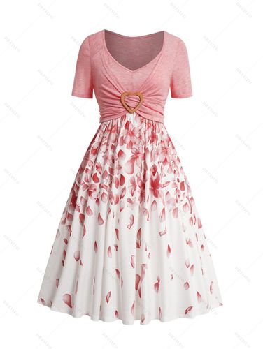 Women Petal Print Heart Ring Crossover Front A Line Dress V Neck Short Sleeve Dress Clothing L / us 8-10 - DressLily.com - Modalova