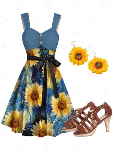 Dresslily Van Gogh Sunflower Print Mock Button Dress And Cut Out High Heels Sandals 3D Earrings Outfit S / us 4 - DressLily.com - Modalova