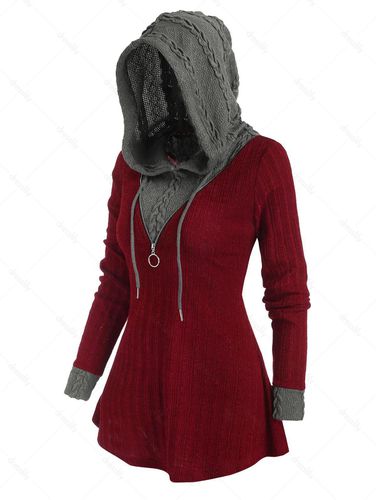 Women Two Tone Hooded Zip Embellished Sweater Clothing 2xl - DressLily.com - Modalova