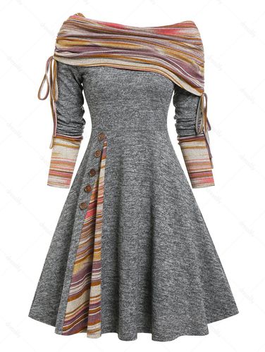 Dresslily Women Convertible Neck Cinched Striped Flare A Line Dress Clothing Xxxl - DressLily.com - Modalova