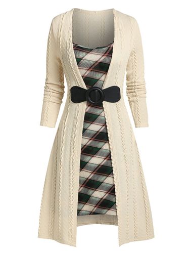 Women Patchwork Buckled Plaid Cable Knit Dress Clothing Xl - DressLily.com - Modalova