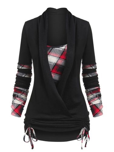 Dresslily Women Vintage Plaid Print Ruched Cinched Surplice Faux Twinset T-shirt Set Clothing Xxxl - DressLily.com - Modalova