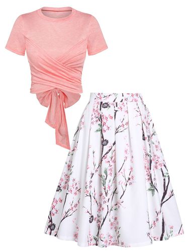 Women Cross Wrap Bowknot Heathered Top and Butterfly Rose Flower Pleated Skirt Outfit S - DressLily.com - Modalova