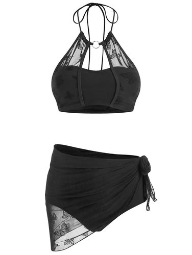 Dresslily Halter Swimwear Beach Bathing Suit Mesh Overlay Padded Three Piece Bikini Swimsuit Clothing Online L - DressLily.com - Modalova