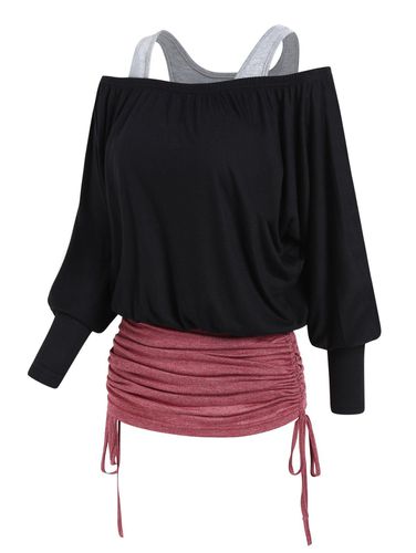 Dresslily Women Colorblock Top Cinched Ruched Cold Shoulder Casual Long Sleeve Faux Twinset Top Clothing Xxxl - DressLily.com - Modalova