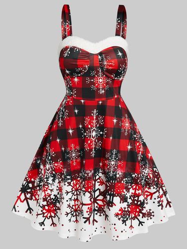 Dresslily Plus Size Christmas Snowflake Plaid Print Dress Faux Fur Panel Ruched Bust A Line Dress - DressLily.com - Modalova