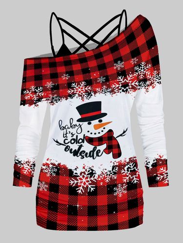 Dresslily Fashion Women Christmas Snowman Snowflake Plaid Graphic Skew Collar Long Sleeve Top And Crisscross Camisole Two Piece Set - DressLily.com - Modalova