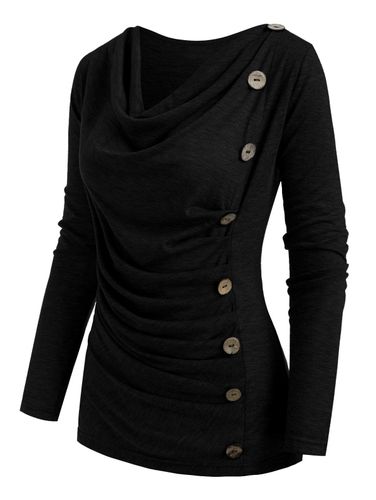 Dresslily Women Heather Mock Button Long Sleeves Draped Cowl Neck T-shirt Clothing 3xl - DressLily.com - Modalova
