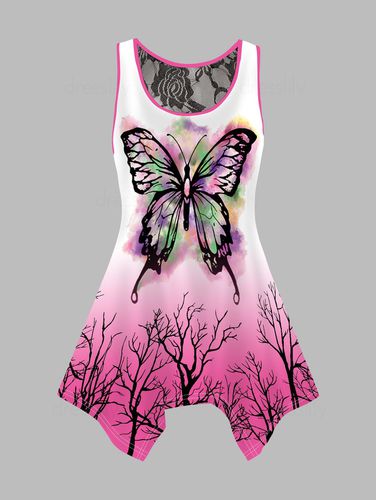 Dresslily Women Butterfly and Forest Print Asymmetrical Tank Top Contrast Piping Casual Top Clothing L - DressLily.com - Modalova