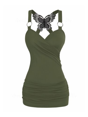 Dresslily Women Gothic Tank Top Ruched Butterfly Lace Cross Tank Top O Ring Surplice Summer Top Clothing Xxl - DressLily.com - Modalova