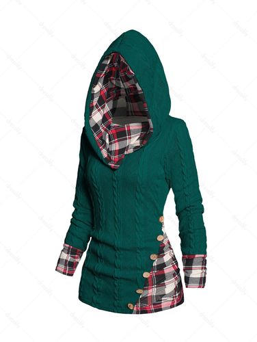 Dresslily Women Tops Twisted Cable Knit Plaid Print Hooded Sweater Mock Button Ruched Shawl Neck Sweater Clothing Online L - DressLily.com - Modalova