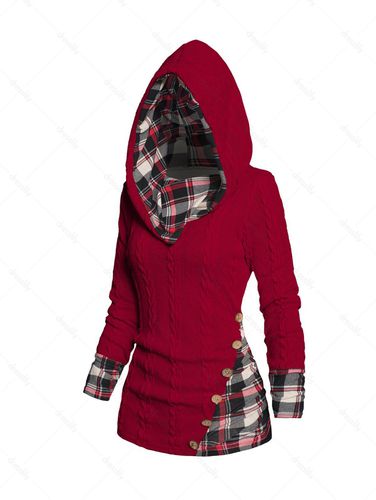 Dresslily Women Tops Twisted Cable Knit Plaid Print Hooded Sweater Mock Button Ruched Shawl Neck Sweater Clothing Online S - DressLily.com - Modalova