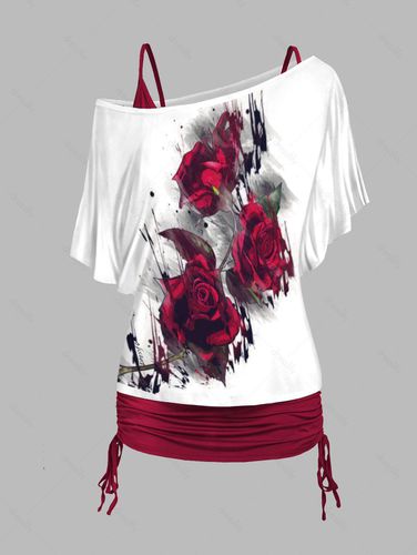 Women Rose Print Skew Neck T Shirt and Cinched Ruched Tank Top Colorblock Casual Set Clothing Xl - DressLily.com - Modalova