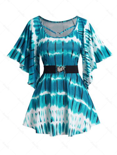 Women Tie Dye Print Flutter Sleeve T-shirt O Ring Belted Casual Short Sleeve Tee Clothing M - DressLily.com - Modalova