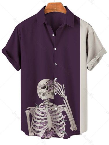 Clothing Online Halloween Skeleton Print Shirt Button Turn Down Collar Casual Shirt M - DressLily.com - Modalova