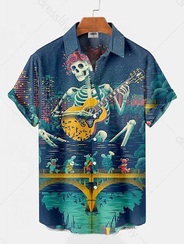 Clothing Online Halloween Shirt Skeleton and Guitar Print Button Up Turn Down Collar Shirt L - DressLily.com - Modalova