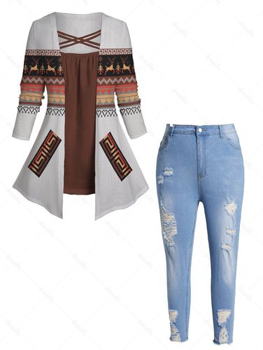 Dresslily Plus Size Tribal Geometric Print Colorblock Faux Twinset T-shirt And Ripped Frayed Hem Faded Jeans Outfit L / us 14 - DressLily.com - Modalova