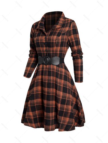 Dresslily Women Half Button Belted Mini Plaid Dress Long Sleeve High Waist Dress Clothing M - DressLily.com - Modalova