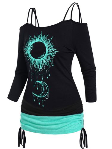 Women Celestial Sun Moon Print Colorblock Top Cold Shoulder Cinched Dual Straps Top Clothing S - DressLily.com - Modalova