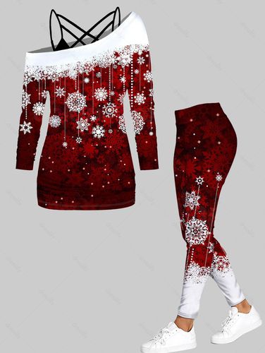 Dresslily Christmas Snowflake Print Skew Collar Tops And Elastic Waist Long Skinny Leggings Outfit S / us 4 - DressLily.com - Modalova