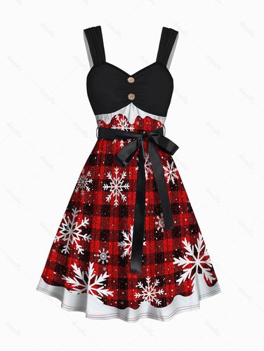 Dresslily Women Christmas Snowflake Plaid Belted Mini Dress Mock Button Ruched A Line Dress Clothing M / us 6 - DressLily.com - Modalova