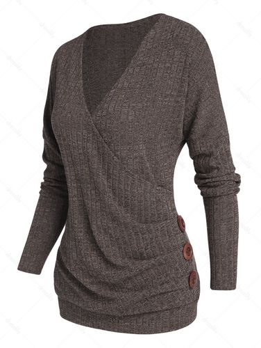 Women Textured Sweater Surplice Sweater Solid Color Mock Button V Neck Long Sleeve Sweater Clothing Xl - DressLily.com - Modalova