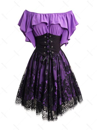 Plus Size Lace Up Buckle Grommet Layered Butterfly Sleeve Dress [32% OFF]
