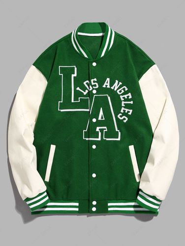 Mens Letter LOS ANGELES Embroidery PU Leather Spliced Baseball Varsity Jacket Xl - ZAFUL - Modalova