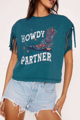 Womens Acid Wash Slogan Fringe Sleeve T-Shirt - - XL - Nasty Gal - Modalova