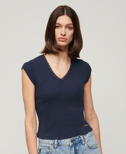 Damen Athletic Essentials T-Shirt mit V-Ausschnitt und Spitzenbesatz, Größe: 14-16 - Superdry - Modalova