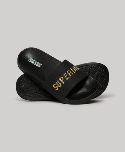 Women's Vegan Logo Pool Sliders Black / Black/Metallic Gold - Size: 3-4 - Superdry - Modalova