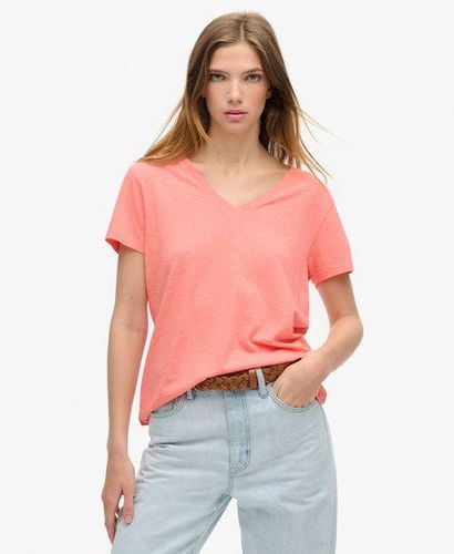 Women's Slub Embroidered V-Neck T-Shirt Cream / Peach Amber Pink - Size: 12 - Superdry - Modalova