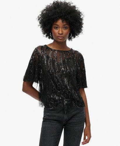 Women's Sheer Short Sleeve Sequin Top Black / Black Fringe - Size: 10 - Superdry - Modalova