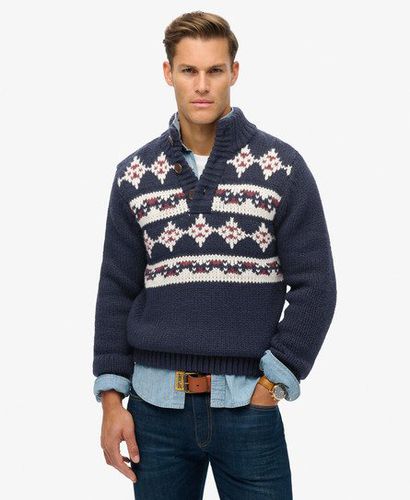 Men's Chunky Knit Patterned Henley Jumper Blue / Navy Multi - Size: M - Superdry - Modalova