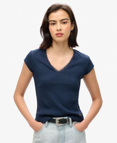 Women's Athletic Essentials Lace Trim V-Neck Top Navy / Richest Navy - Size: 10-12 - Superdry - Modalova