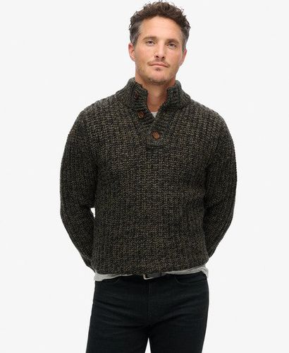 Men's Chunky Knit Henley Jumper Green / Olive Black Twist - Size: S - Superdry - Modalova