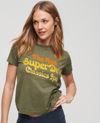 Women's 70's Script Metallic Logo T-Shirt Green / Khaki Marl - Size: 8 - Superdry - Modalova