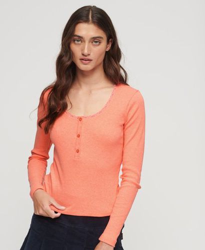 Women's Ribbed Long Sleeve Henley Top Cream / Pastelline Coral - Size: S/M - Superdry - Modalova