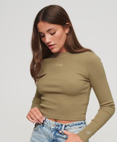 Women's Ribbed Long Sleeve Embroidered Crop Top Beige / Winter Twig Beige - Size: 12 - Superdry - Modalova