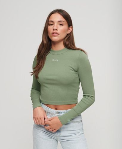 Women's Ribbed Long Sleeve Embroidered Crop Top Green / Light Jade Green - Size: 12 - Superdry - Modalova