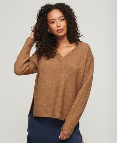 Ladies Loose Fit Oversized V Neck Jumper, Beige, Size: 14 - Superdry - Modalova