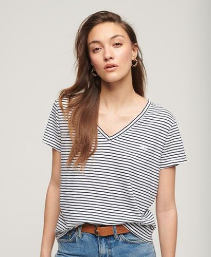 Women's Slub Embroidered V-Neck T-Shirt Navy / Navy Optic Stripe - Size: 8 - Superdry - Modalova